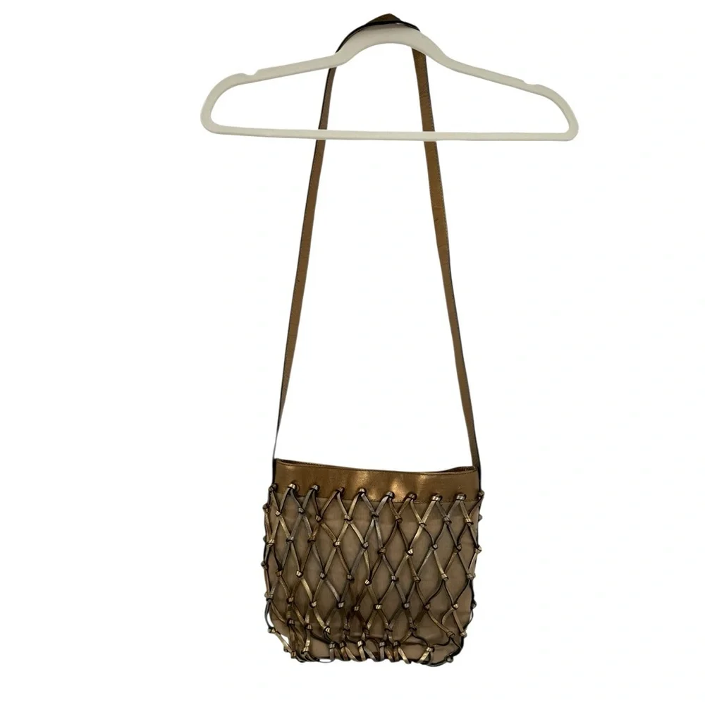 Maripe Genuine Leather Woven Lattice Shoulder Bag Metallic Gold Silver Copper